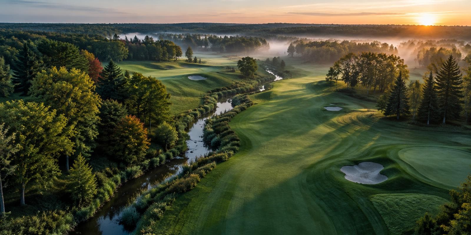 An Ontario golf course at sunrise, mist over the fairway